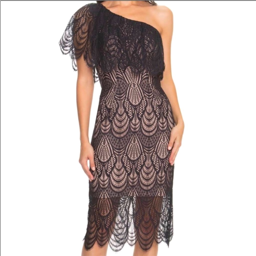 Dress the Population One Shoulder Lace Midi Dress